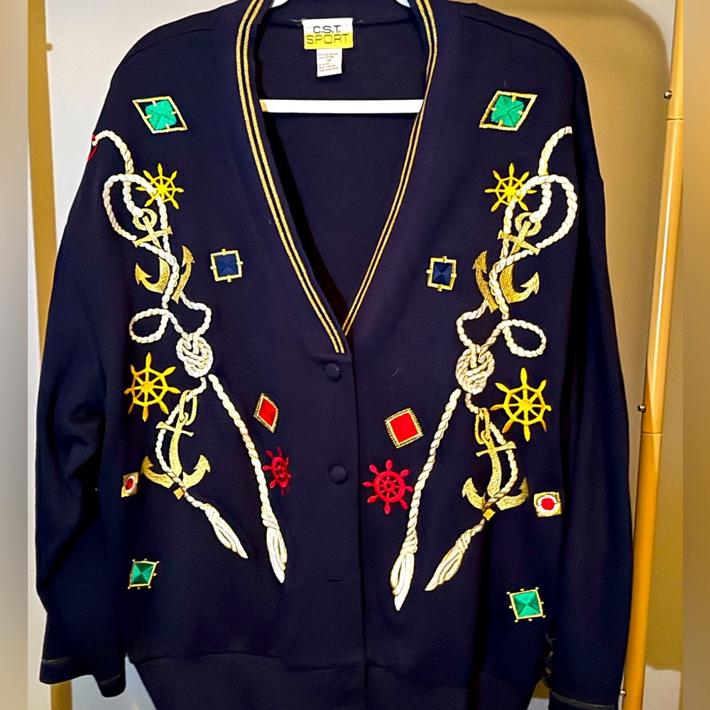 Vintage CST Sport Embellished Cardigan Sweater 3X Nautical Anchor Old money